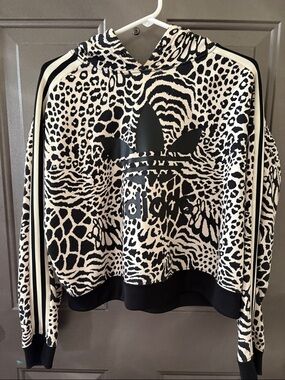 adidas Black & Cream Animal Print Cropped Hoodie